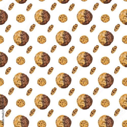 A delightful pattern of various cookies, including chocolate chip and oatmeal, on a crisp white background.
