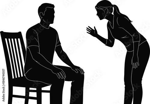 Interpersonal communication silhouette, seated and standing figures, expressive gesture moment, social interaction scene, black and white vector illustration, discussion pose