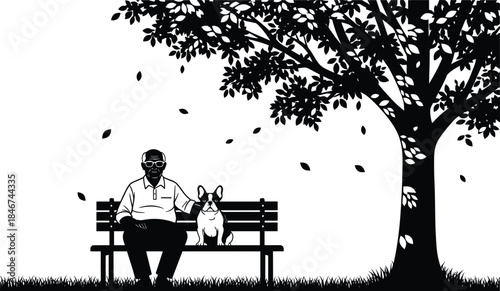 Man with dog, park bench scene, relaxing outdoors, autumn tree silhouette, peaceful moment, pet companionship, headphone style, nature background, black and white