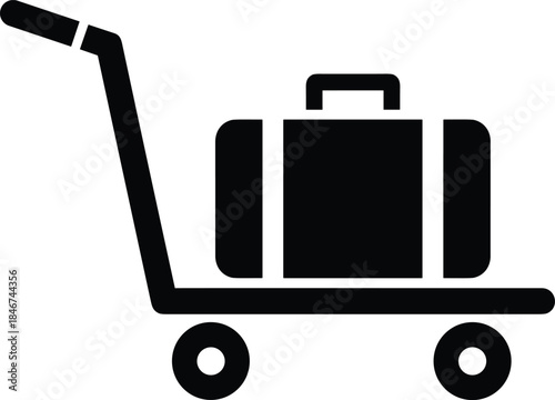 Luggage cart icon, suitcase silhouette, black and white, travel symbol, airport trolley, hotel baggage, flat vector, CAD drawing, transport, tourism