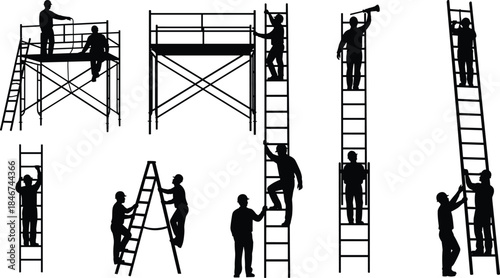 Construction Workers Silhouette Set, Scaffolding and Ladder Tasks, Maintenance and Climbing Poses, Safety Documentation Vector