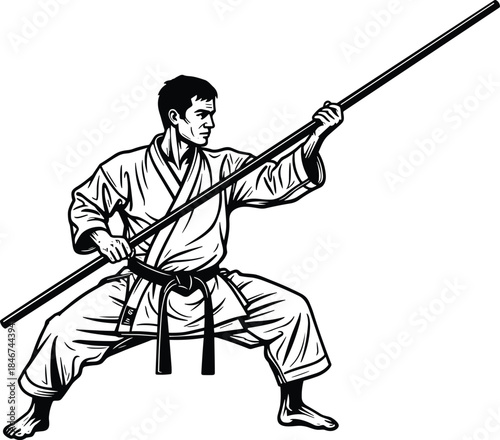 Martial artist silhouette, bo staff pose, traditional gi uniform, combat stance, weapon training, discipline, black and white vector illustration