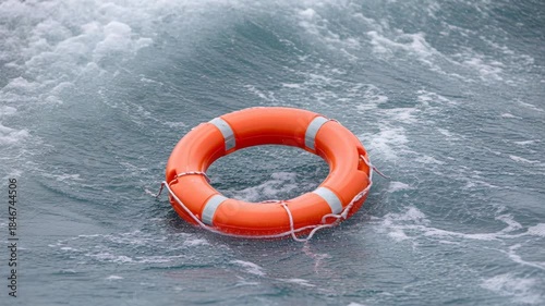 An orange life preserver floats in rough, choppy blue ocean water with white foam.
