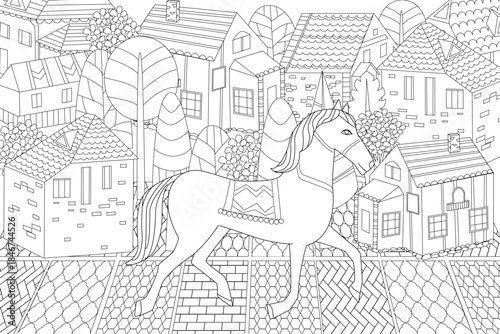 coloring book page for adults and kids. horse walking on cobblestone street in a little town with blooming trees