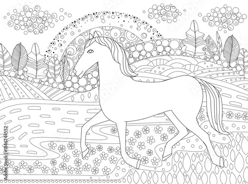 coloring book page for adults and kids. abstract rural field landscape with sunrise and horse