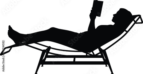 Person reading book, lounge chair silhouette, black and white, relaxation, leisure, outdoor furniture, flat vector, CAD drawing, icon, vacation