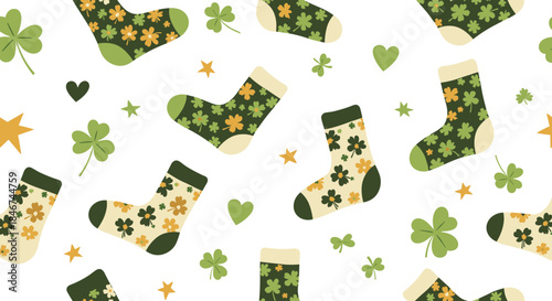 Fun St. Patrick's Day seamless pattern with decorated socks, green shamrocks, hearts, and stars on a clean white background.