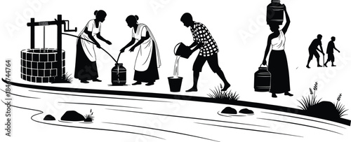 Rural water collection, village life scene, traditional well drawing, people fetching water, daily routine, hose system, bucket, container, nature background