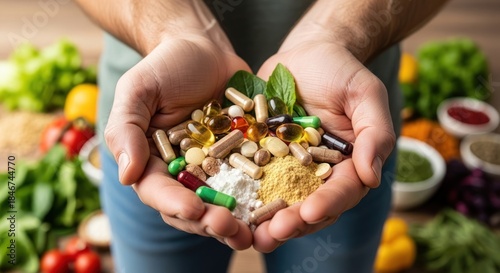A person holding a variety of colorful pills and supplements in their hands.
