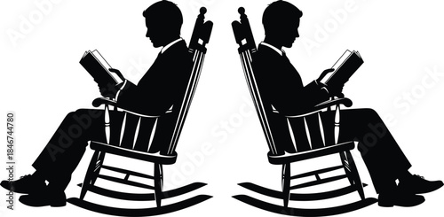 Rocking chair silhouette, mirrored reading pose, formal seated figures, book lovers scene, quiet moment, black and white vector illustration