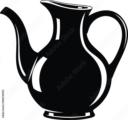 Teapot silhouette, coffee pot icon, black and white, curved spout, large handle, classic shape, flat vector, CAD drawing, kitchenware, vintage