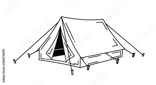 Simple black and white line art illustration of a camping tent pitched for outdoor adventure, hiking, and recreation.