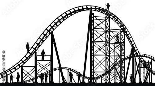 Roller Coaster Construction Silhouette, Steel Track Engineering Structure, Workers Building Industrial Thrill Ride Vector