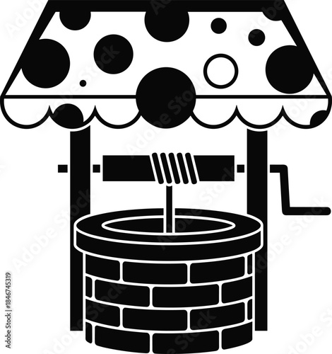 Traditional water well, black and white, flat vector, CAD drawing, stylized illustration, brick base, crank handle, rope, roof, vintage