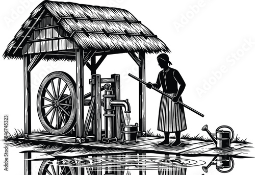 traditional water well, hand pump, village woman, rustic scene, manual labor, reflection art, vector sketch, CAD drawing, illustration, heritage