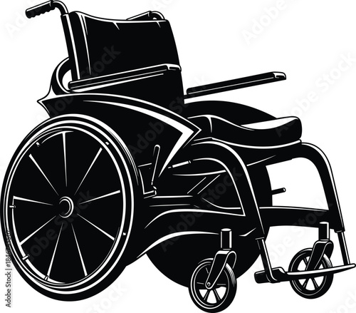 Wheelchair silhouette, mobility aid illustration, accessibility device, medical equipment, disability support, black and white vector, healthcare design, independence symbol