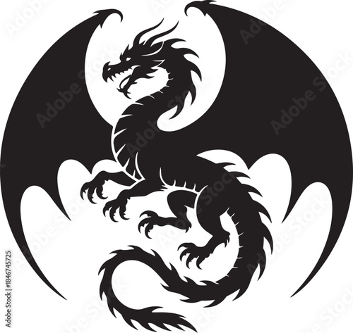 Powerful Black Dragon Silhouette, Symbolizing Legendary Strength and Mythical Fantasy