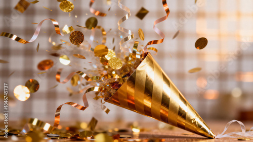 Golden party popper exploding with confetti and streamers on a festive surface