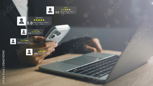 Customer browsing product reviews and star ratings on a mobile phone, reflecting user feedback and satisfaction levels from excellent to poor on an online platform.