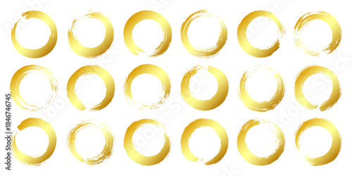 Golden grunge circles, brush strokes, lines, ink smudges, hand-drawn scribble shapes. Handmade sketchy marks, acrylic stains, charcoal streaks. Paint textures, dry brush effect. Vector illustration