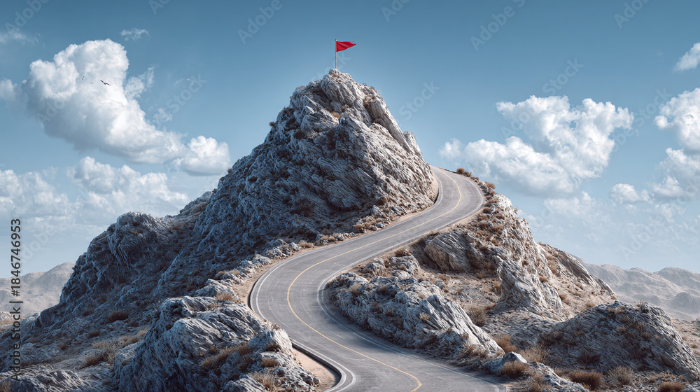 Fototapeta premium A winding road leads to the peak of a mountain under a cloudy sky, with a small flag marking the summit