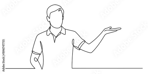 Minimalist single line drawing of a man presenting with an open hand gesture Vector, illustration