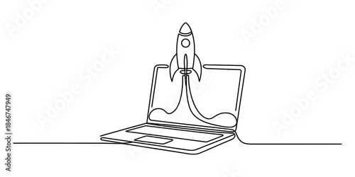 Continuous line art illustration symbolizing startup launch from a laptop Vector, illustration