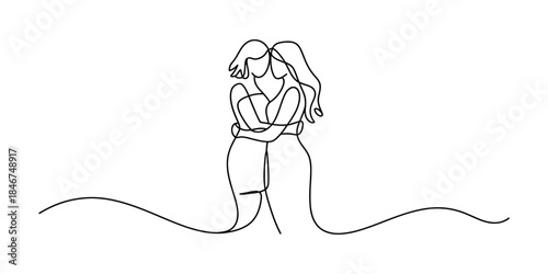 A minimalist continuous line drawing capturing two women sharing a loving embrace Vector, illustration
