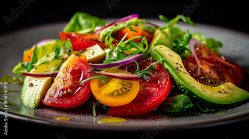 Nutritious salad with mixed greens, tomatoes, avocado, red onion, bell peppers, and cheese cubes, artfully arranged on a dark plate with dressing.