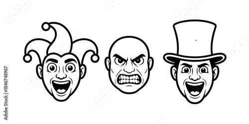 Cartoon faces: jester, angry bald man, and man in top hat illustrating various moods Vector, illustration