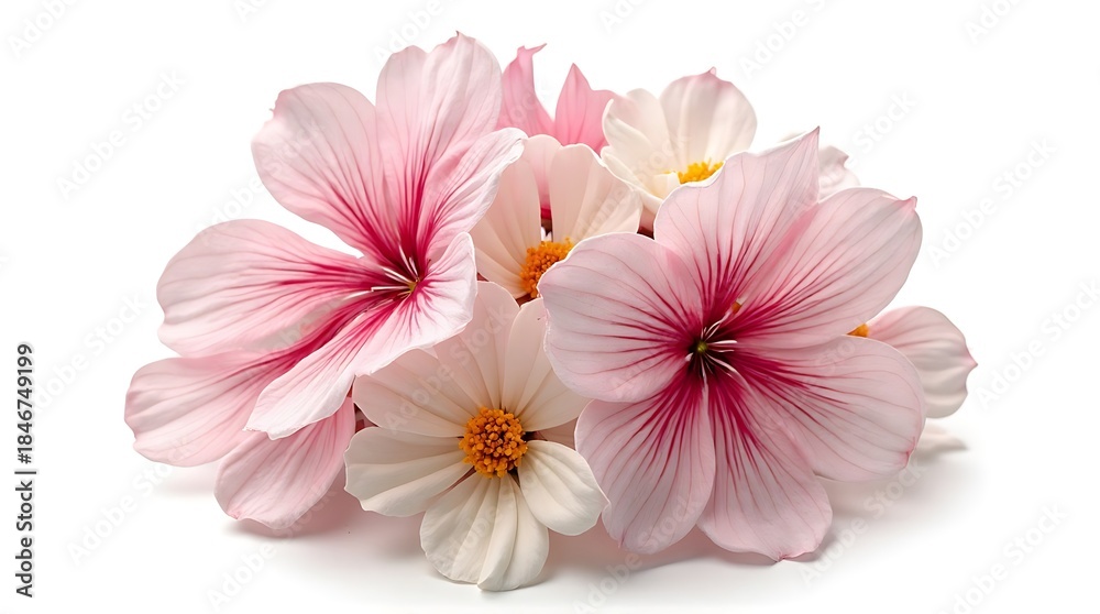 Fototapeta premium Pink and White Flower Bouquet with Yellow Centers on White Background