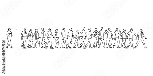 Continuous line drawing representing a diverse group of people walking together in a single file line Vector, illustration