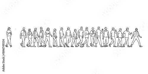 A long line of people walking in a row, drawn in simple outline style for architectural purposes Vector, illustration