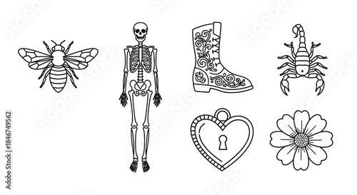 Illustrative collection showcasing nature, mortality, and affection-themed icons, perfect for