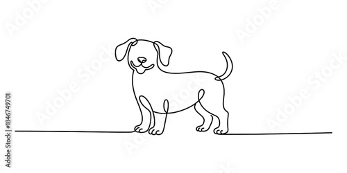 A playful puppy standing in a continuous single line art drawing on a clean white background Vector, illustration