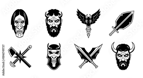 Vector illustration showcasing a variety of bold and impactful black and white fantasy graphics