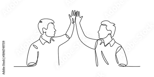 Minimalist continuous line drawing of two individuals celebrating success with a high five gesture Vector, illustration