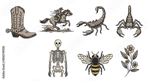 Array of wild west and macabre images arranged creatively representing diverse subjects