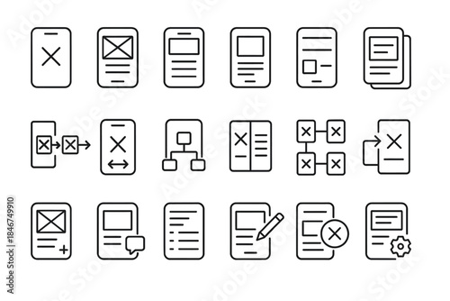 Mobile app wireframe icons set: design, workflow, and structure