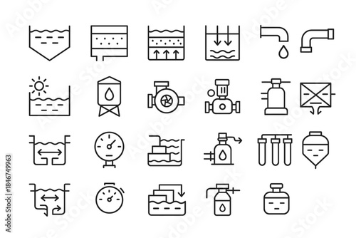 Icons of water treatment processes: filtration, pumping, and more