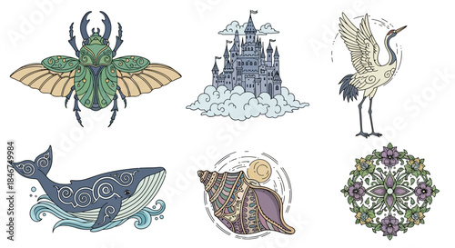 Collection of whimsical illustrations featuring nature, fantasy and ornate designs