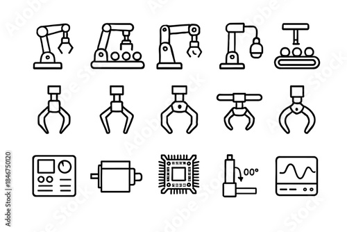 Industrial robotics icons: robotic arms and components for automation and technology