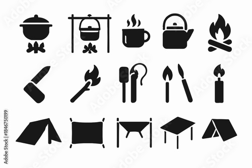 Collection of camping and outdoor equipment icons for adventure enthusiasts