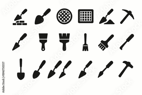 Set of black construction and painting tool icons on white background