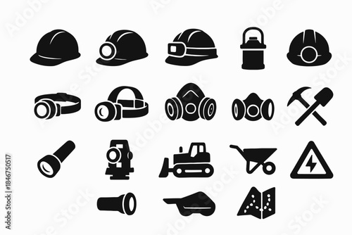 Black silhouette icons of mining equipment and safety gear