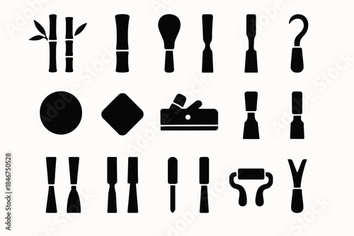Set of black japanese calligraphy tool silhouettes on white background