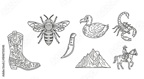 Stylized wild west themed illustration with nature and travel elements with a cowboy