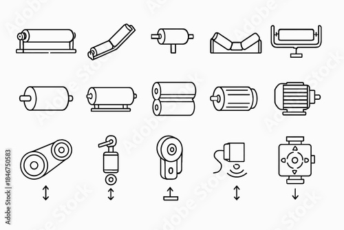 Industrial equipment icons set for manufacturing and machinery