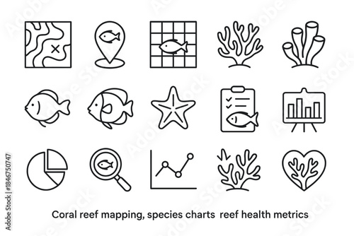 Coral reef mapping and species monitoring icon set for environmental research