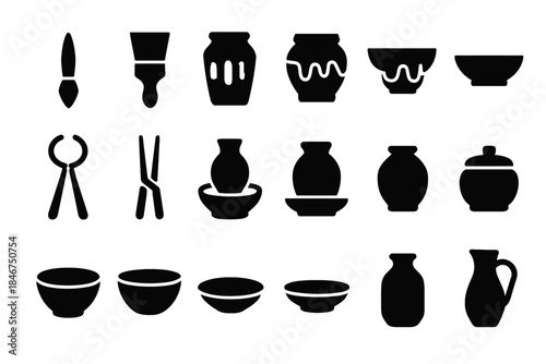 Silhouettes of pottery tools and ceramic vessels in various shapes